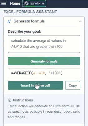Formula assistants for Excel and Sheets in GPT for Work