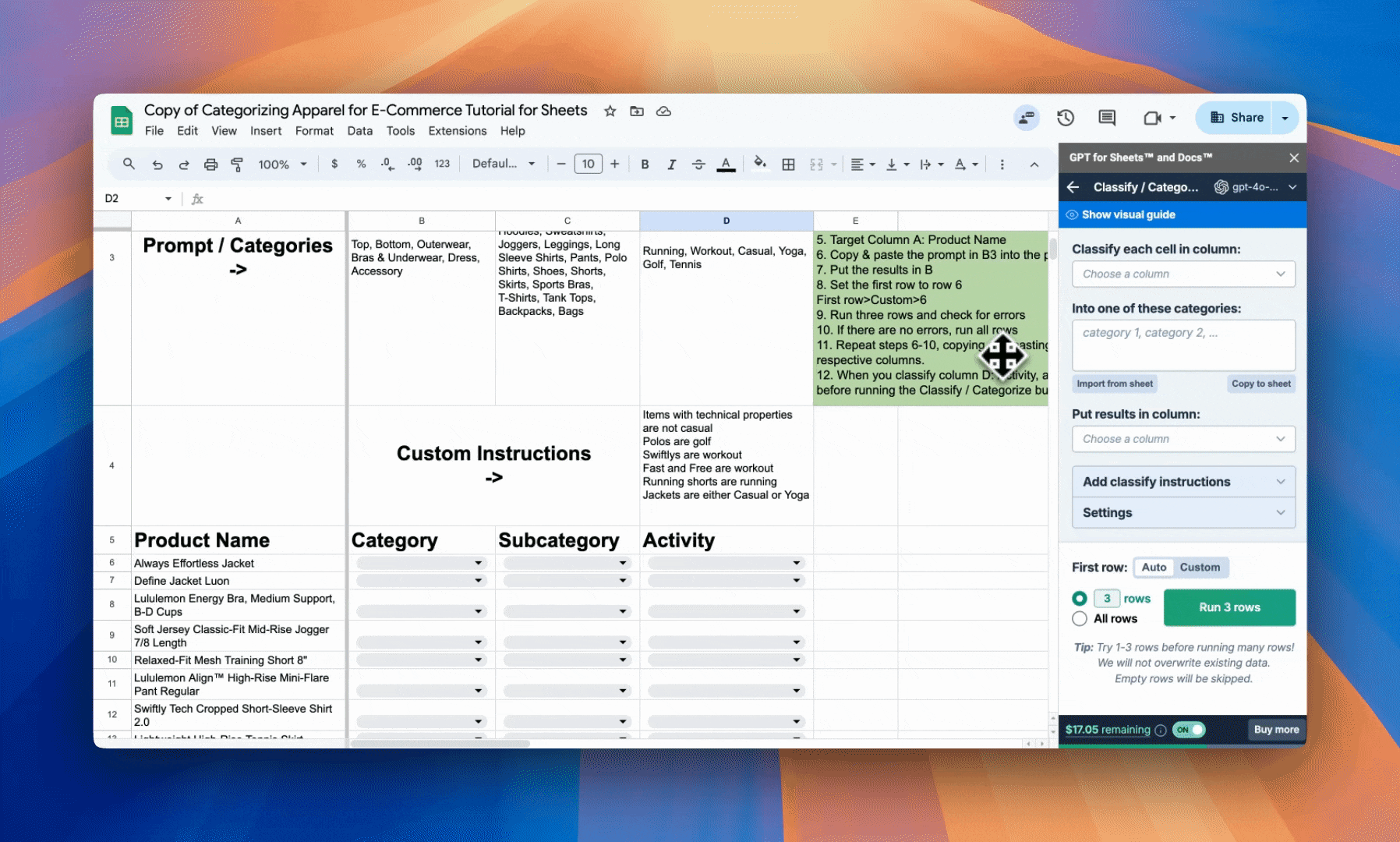 Configuring the Classify / Categorize bulk AI tool in GPT for Sheets