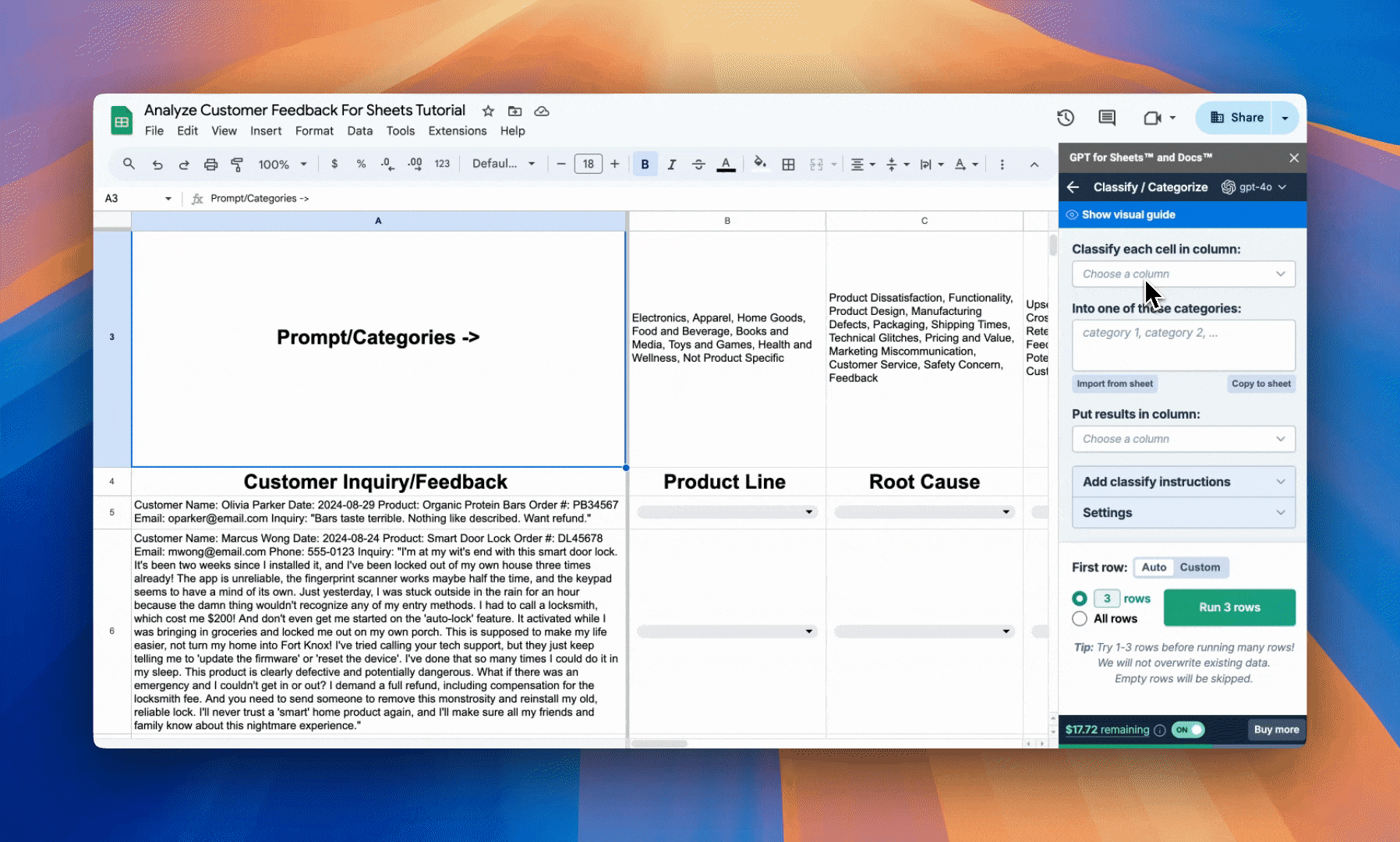 Configuring the Classify / Categorize bulk AI tool in GPT for Sheets