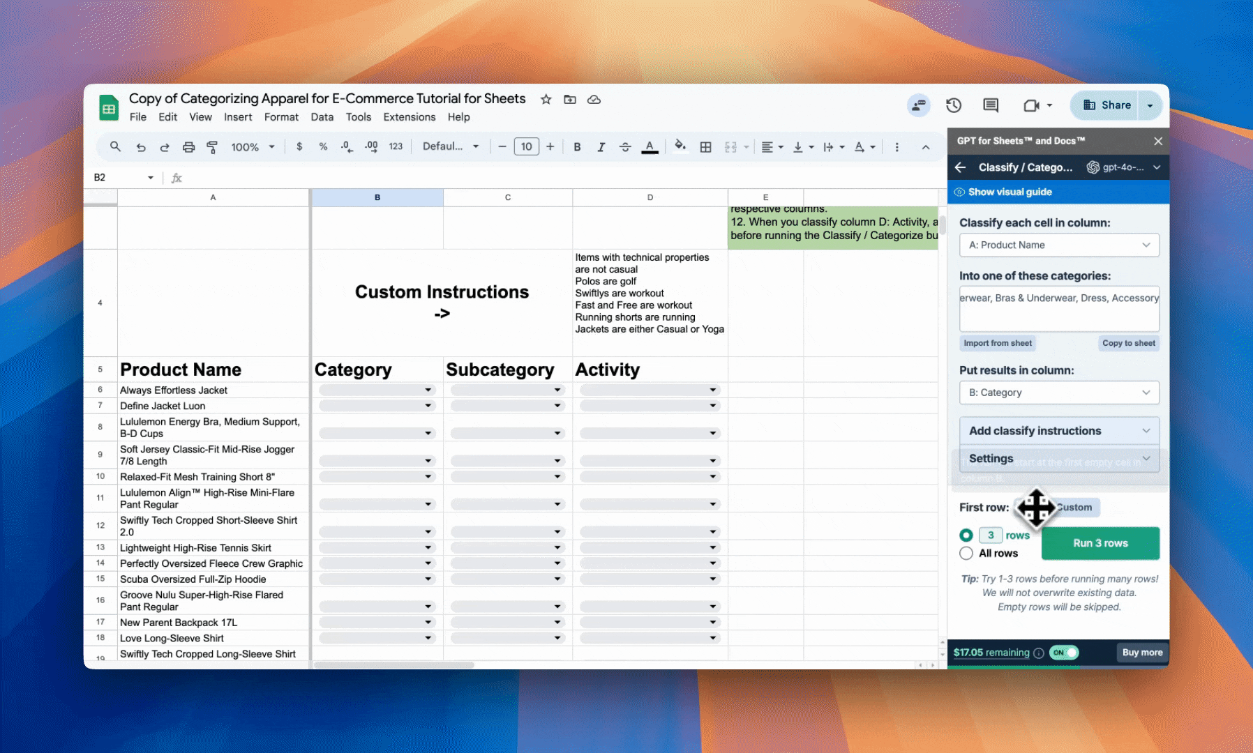 Running the Classify / Categorize bulk AI tool on the first three rows and checking the result in GPT for Sheets