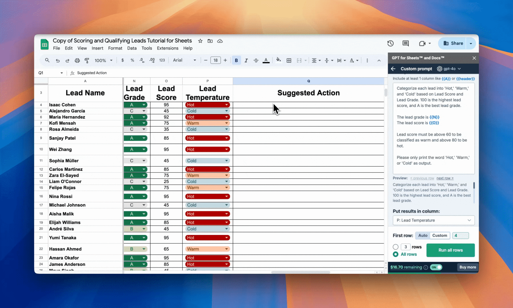 Assign suggested action in GPT for Sheets