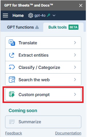 Select Custom prompt bulk AI tool in GPT for Sheets