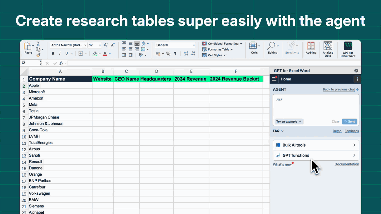 GPT for Excel Agent use case for market research