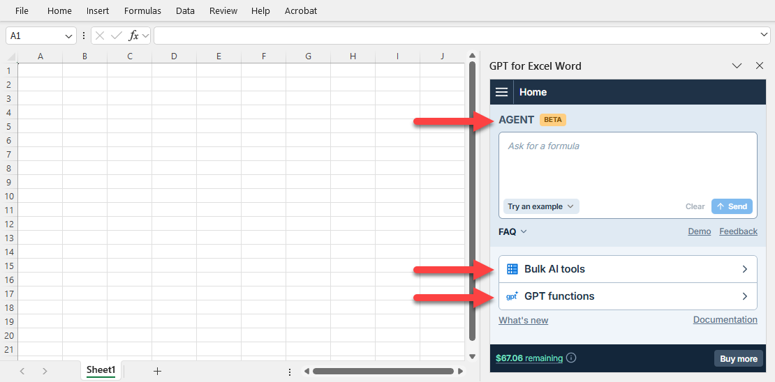 GPT for Excel Agent and bulk tools sidebar in Excel