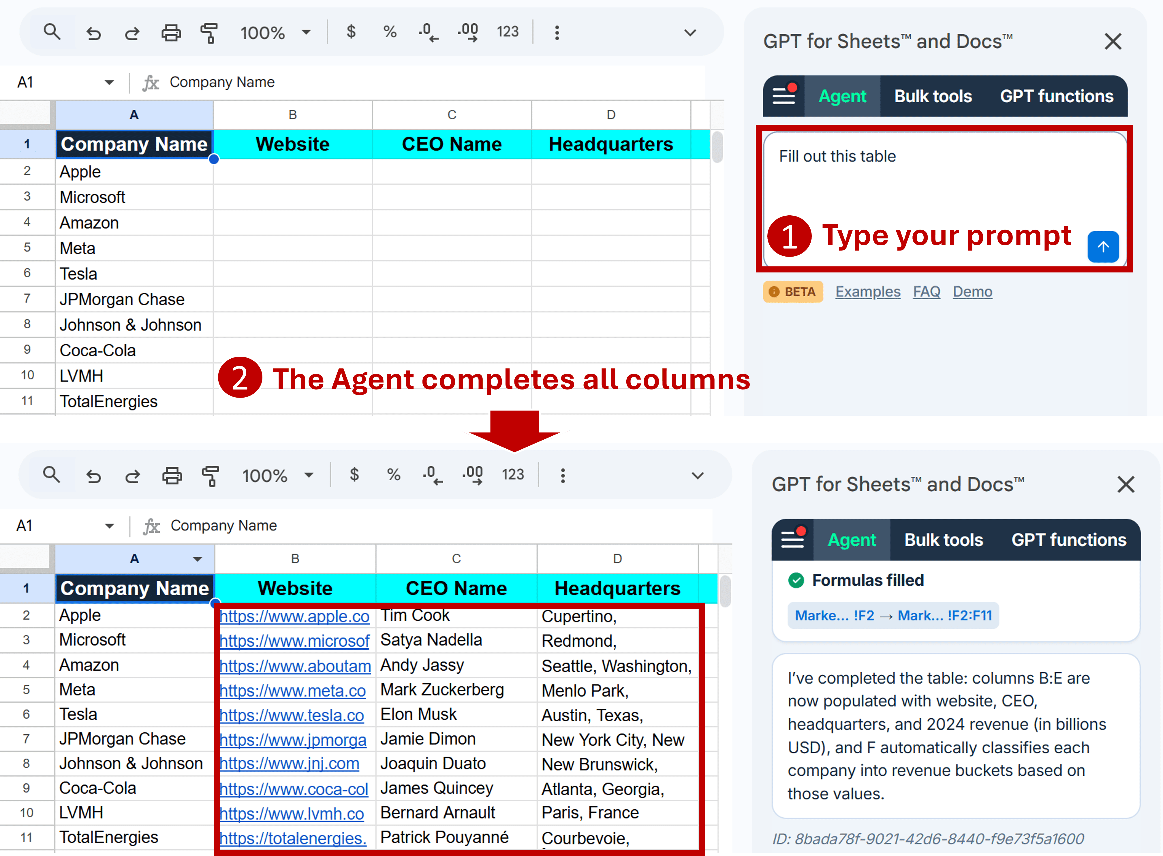 The Agent can run bulk tasks in GPT for Sheets