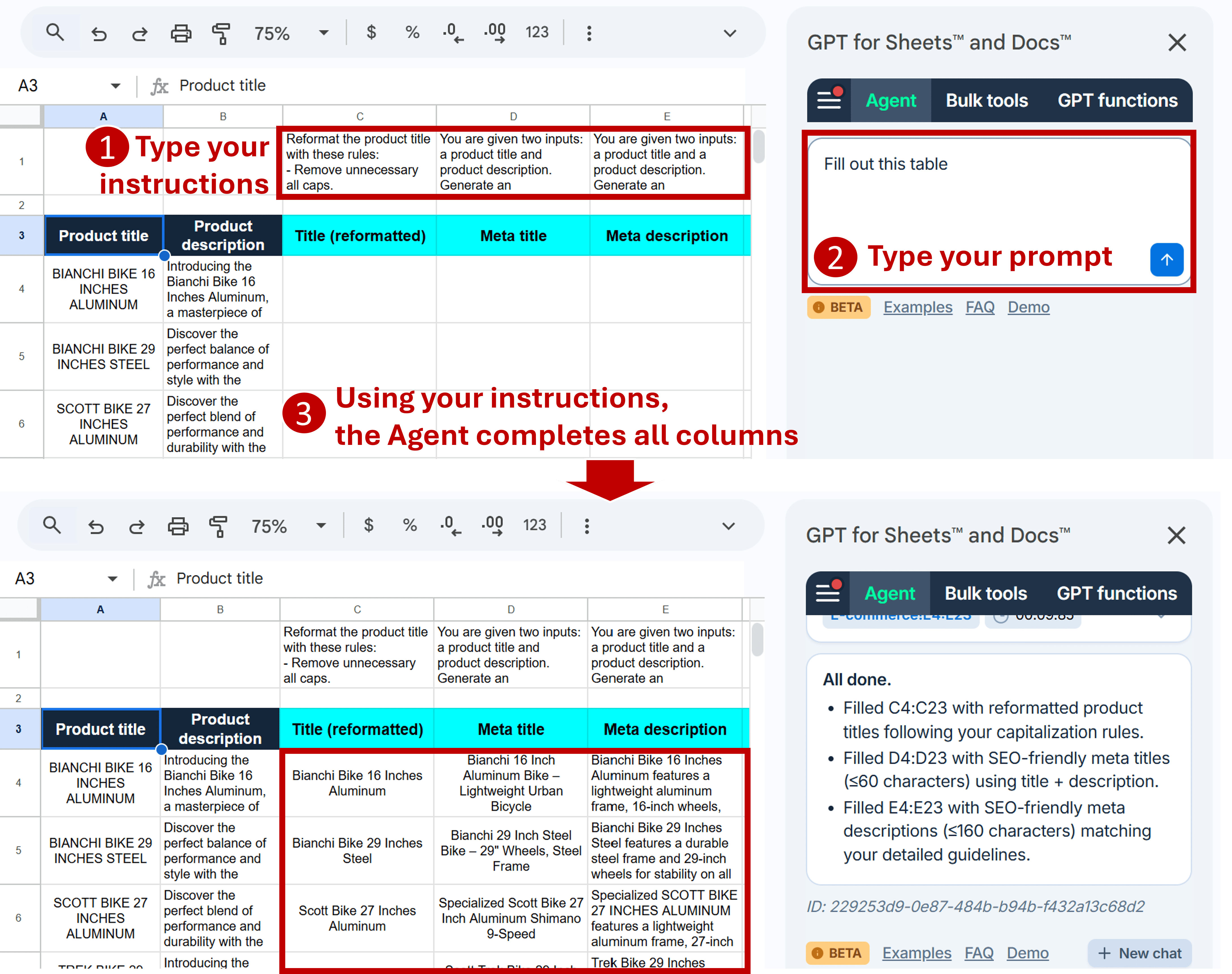 The Agent can run bulk tasks with per-column instructions in GPT for Sheets