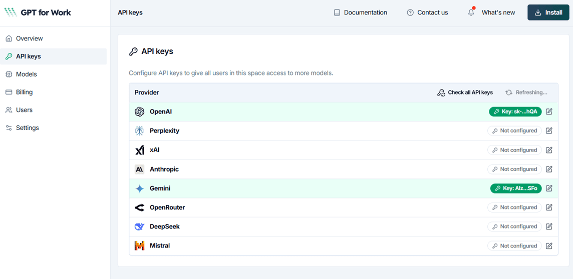 Configure API keys for your space in GPT for Sheets dashboard