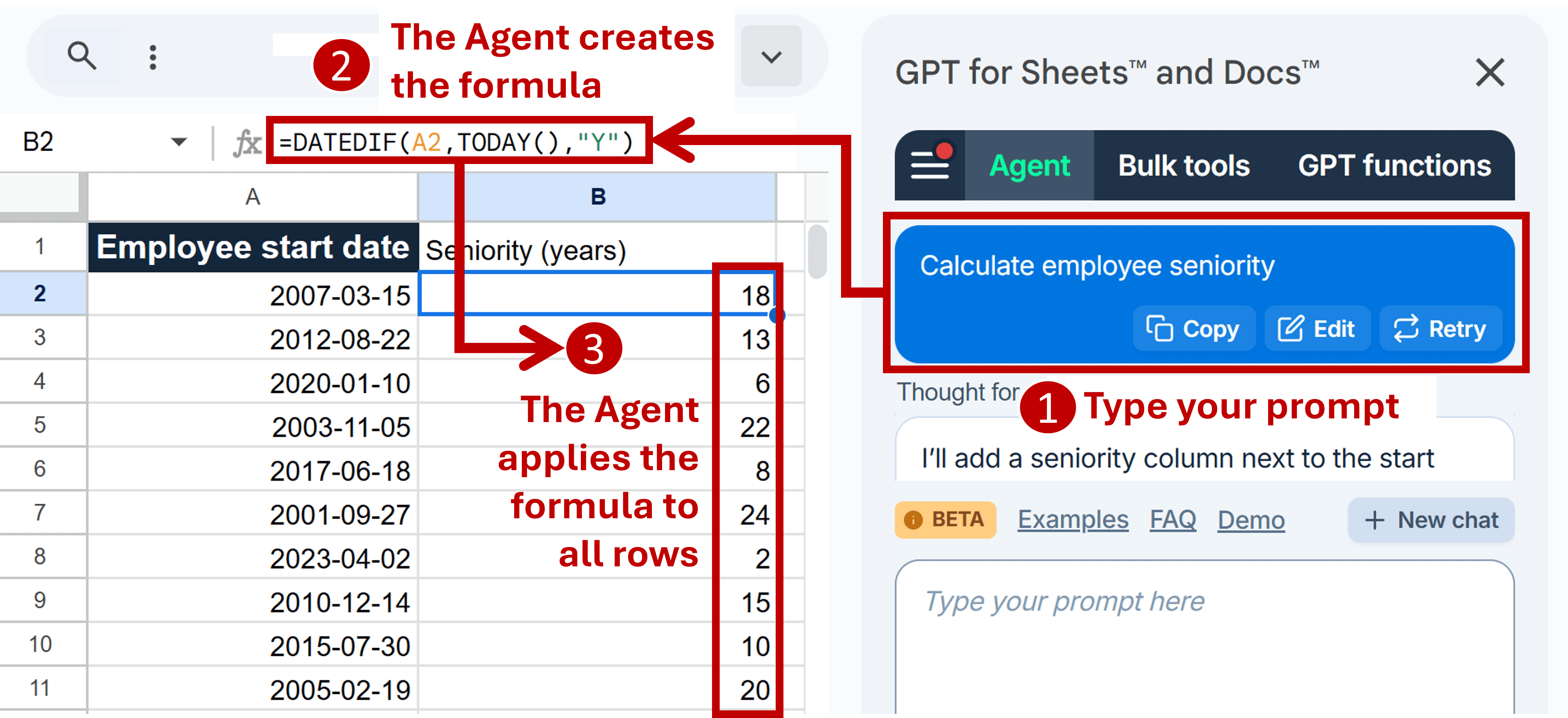 The Agent can generate formulas in GPT for Sheets