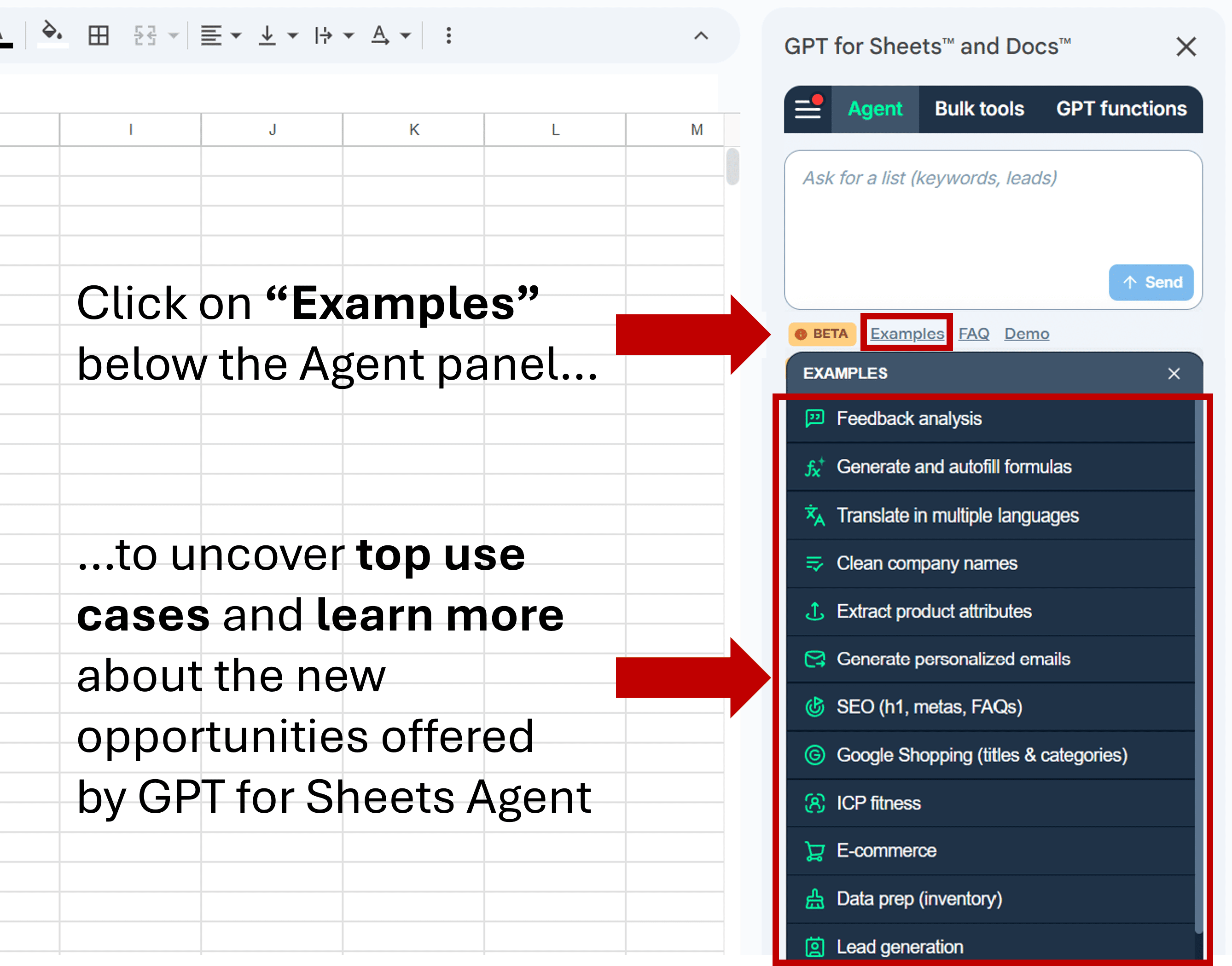 The Agent can run bulk tasks with per-column instructions in GPT for Sheets