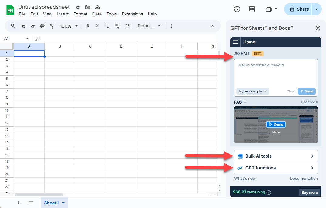 GPT for Sheets Agent and bulk tools sidebar in Google Sheets