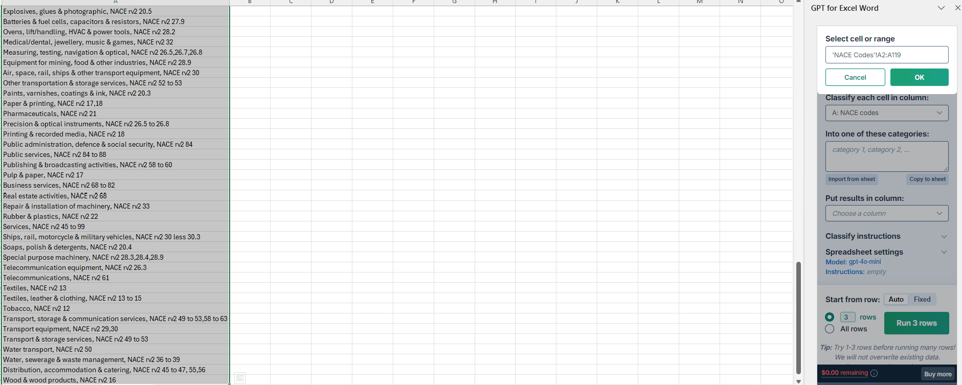 Import NACE codes in GPT for Work