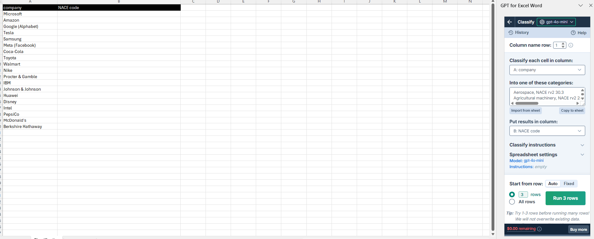Import NACE codes in GPT for Work