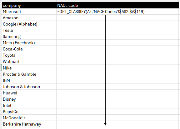 Drag the formula down across all the rows in your spreadsheet in GPT for Work