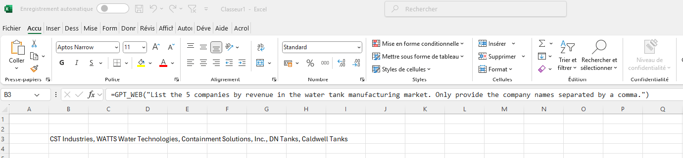 List 5 companies by revenue in the water tank manufacturing market in GPT for Work
