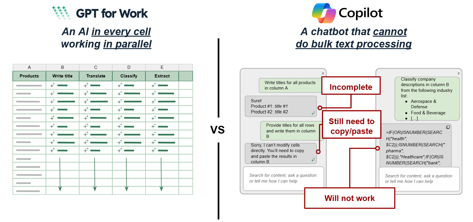 GenAI in every cell vs. a chatbot that answers questions one by one