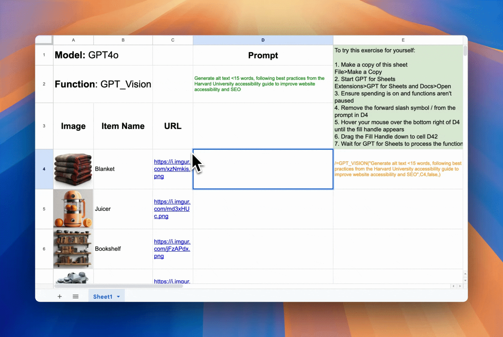 Generating alt text in GPT for Sheets
