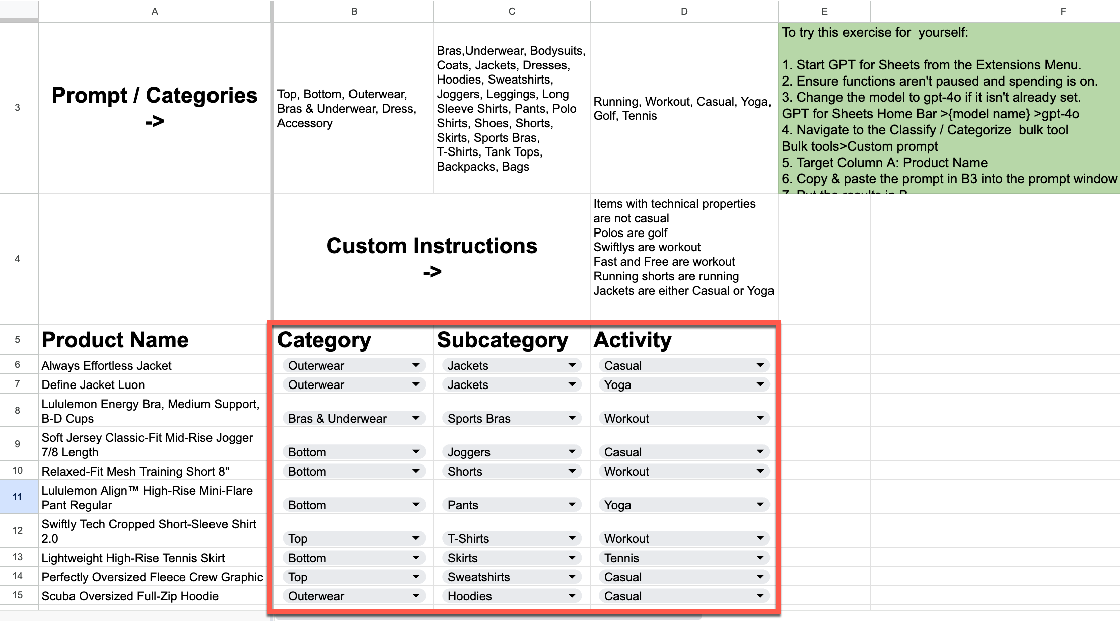Classifying apparel products in GPT for Sheets and Excel
