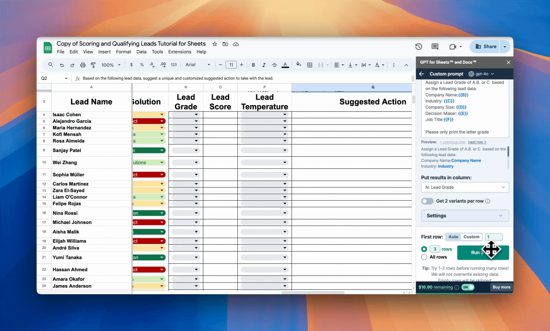 Run lead grade in GPT for Sheets