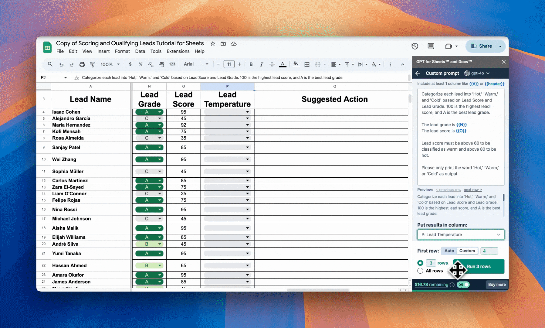 Run lead temperature in GPT for Sheets