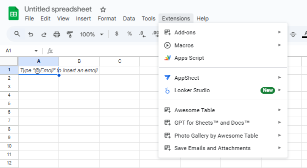GPT for Sheets extensions menu