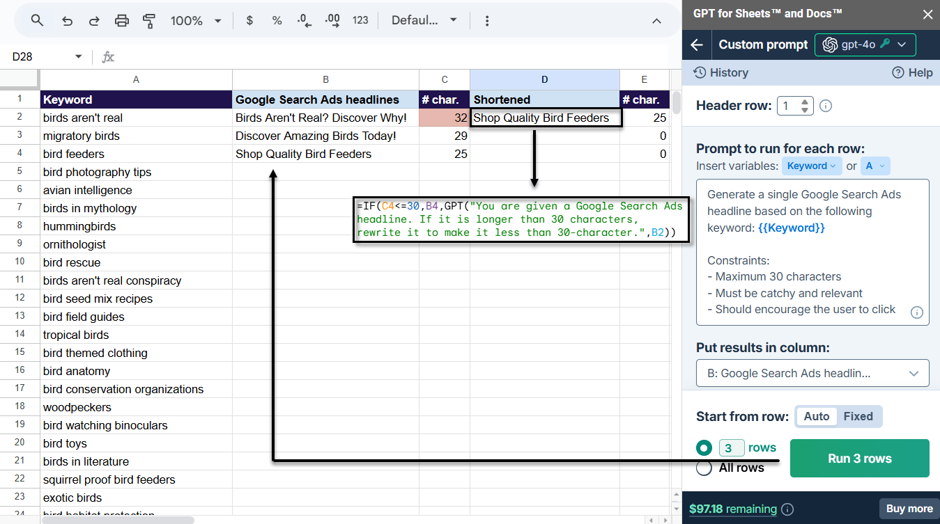 Google Search Ads headlines in Google Sheets with AI