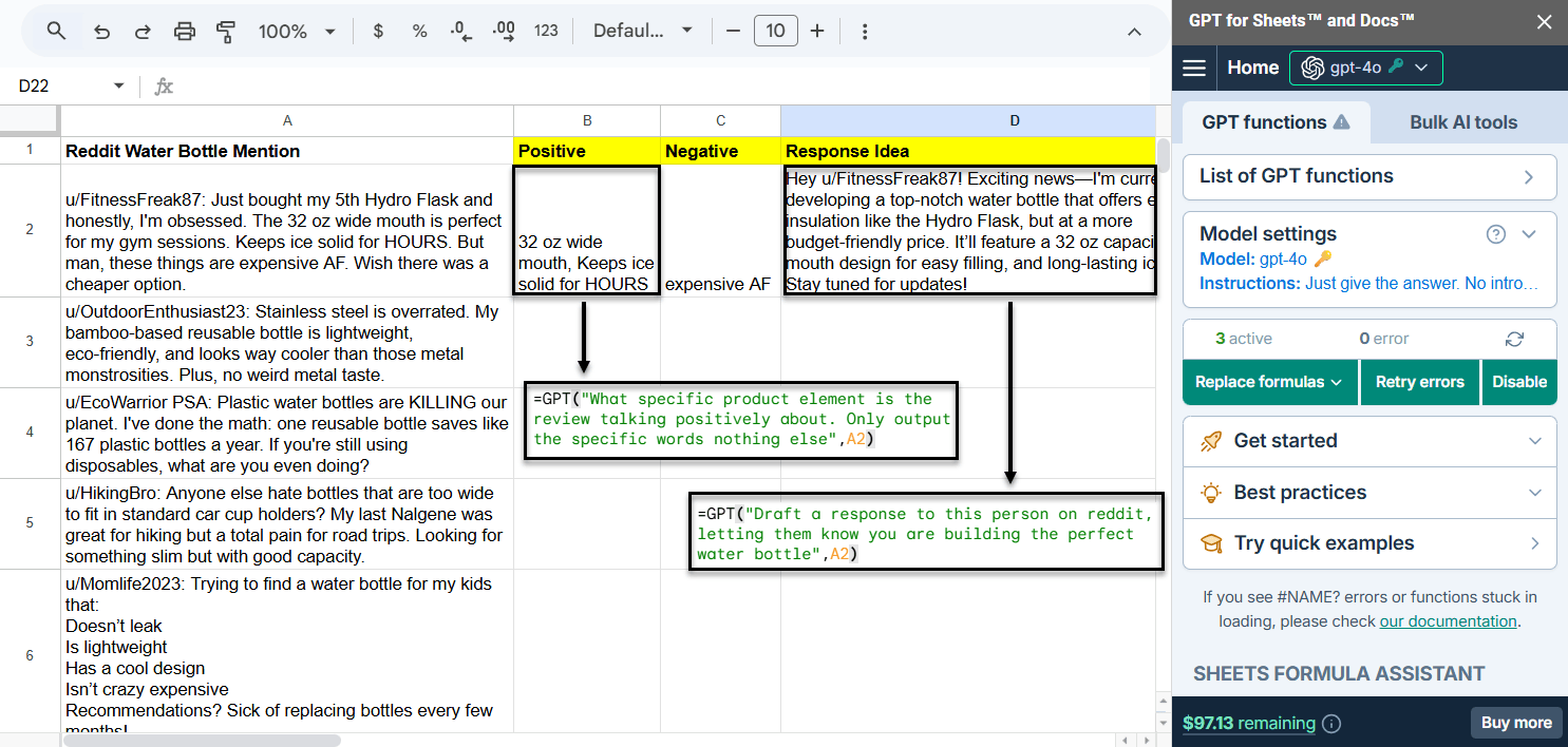 User feedback analyzer in Google Sheets with AI